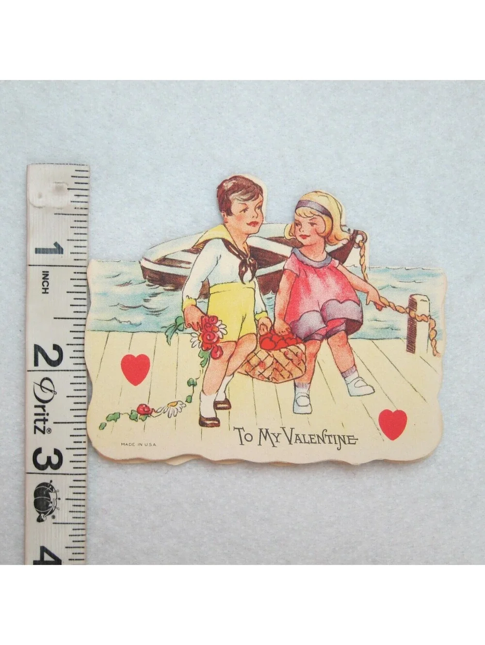 Vintage Valentine Card Cutout Stand Up Boy Sailor Suit Girl at Boat with Basket